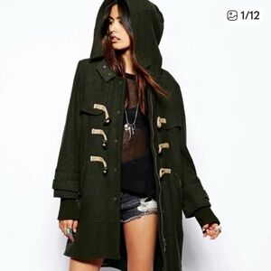 Free People Olive Green Boiled Wool Toggle Pea Coat Size XS